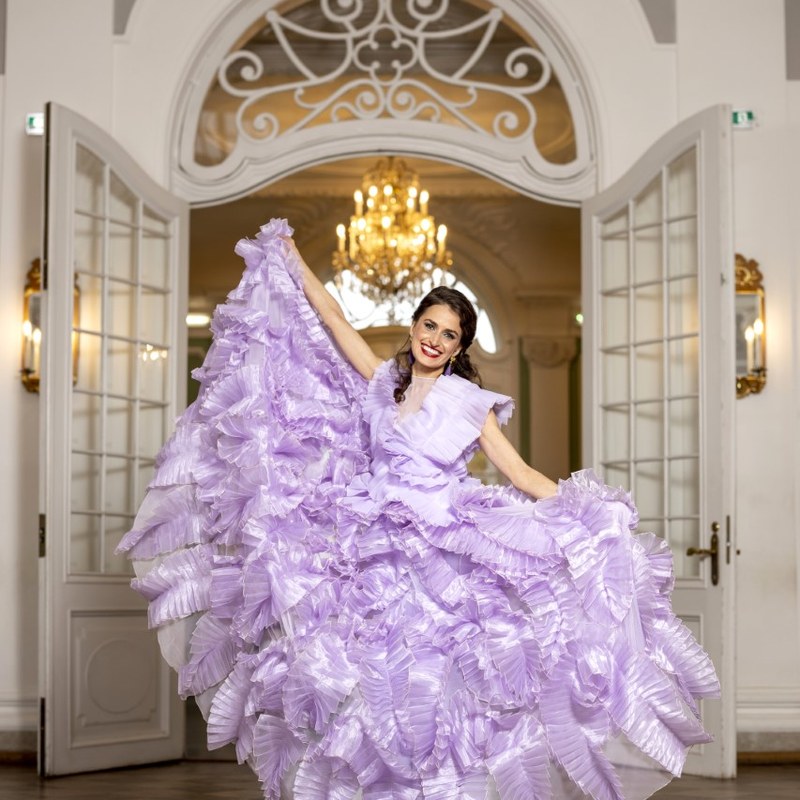 Triin Lellep — lavender ruffled gown, baroque ballroom